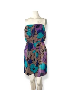 TIBI Silk Strapless Multicolor Abstract Floral Mini Dress Faux Wrap size M - Picture 1 of 11