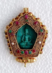 Gold Plated Turquoise Coral Stones Silver Gau Ghau Prayer Box Pendant from Nepal - Picture 1 of 5