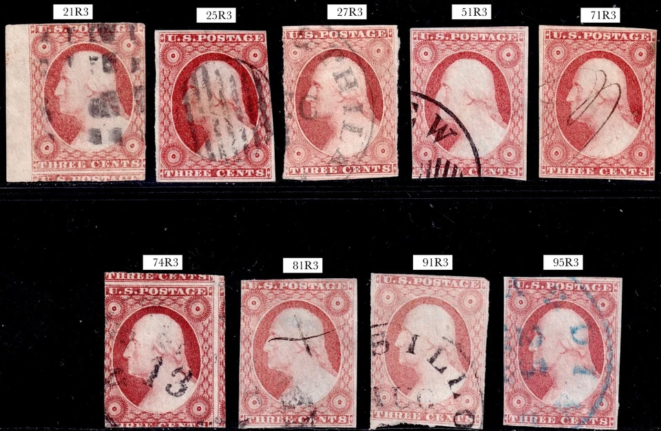 9 EXPERTLY PLATED R3 SCOTT #11A  3c  WASHINGTON, ALSO GOOD FOR  COLOR STUDY - Image 1 of 1