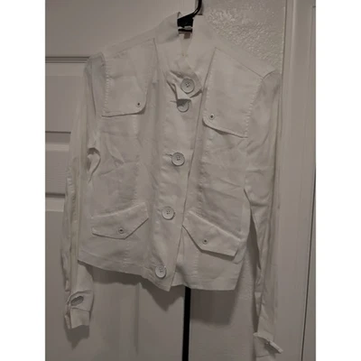 Cabi White Linen Blend Cropped Jacket Blazer Button Front Collarless XS - Image 1 of 4