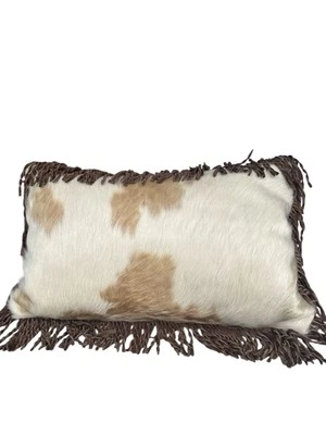 COWHIDE LEATHER PILLOW Lumbar Pillow WESTERN Rustic DECOR Pecos Fringe W Zipper - Image 1 of 4