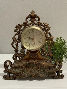 Vtg Ornate Resin Gold Bronze Floral Swirl French Style Table Mantle Quartz Clock - Picture 1 of 9