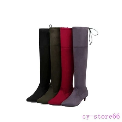 Botas hasta la rodilla de gamuza sintética para mujer punta puntiaguda tacón de gatito cremallera lateral zapatos  Foto 1 de 4