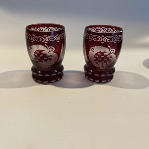 Egermann Bohemian Cut to Clear Ruby Red Crystal Glass Set Of 2 Cordials - Picture 1 of 6