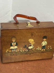 borsa legno vintage dipinta a mano bambini manico lucite rettangolare prateria - Foto 1 di 12