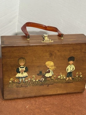 vintage wood purse Hand Painted Children Lucite Handle Rectangle Prairie - Image 1 of 4