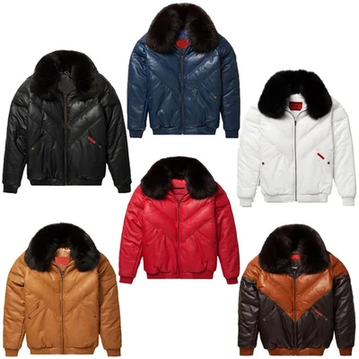 Men's V-Bomber Leather Jacket Puffer Fox Fur Double goose Lambskin Zipper Coat - Image 1 of 4