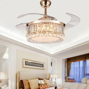 42" Gold Chandelier Ceiling Light Fan Invisible Blade Crystal LED Lamp + Remote - Picture 1 of 11