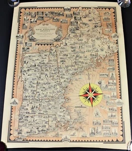 ERNEST DUDLEY CHASE Signed Map - A Pictorial Map of the New England States - Picture 1 of 3