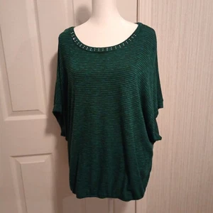 AB Studio Womens Relaxed Jersey Top Size XL Green Black Striped Short Sleeve LNC - Picture 1 of 12