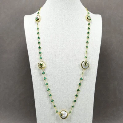 Moneda Blanca Cultivada Perla Verde Corazón Cristal Cadena Collar Largo Suéter Cadena Foto 1 de 4