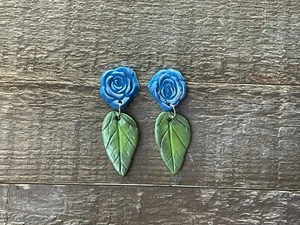 Hypoallergenic Handmade Polymer Clay Floral Flower Stud Dangle Earrings Blue - Picture 1 of 5
