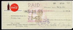 1955 Ottumwa Iowa Coca-Cola Bottling Co. Check 100% Authentic #4790 - Picture 1 of 2