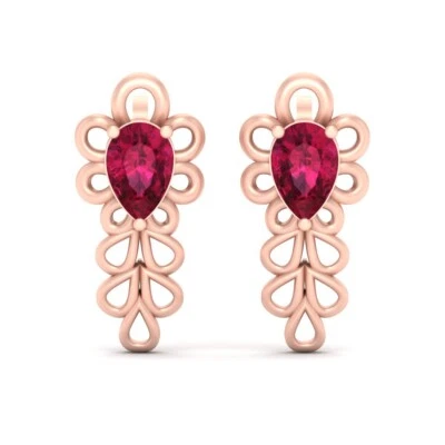 Rose Gold Engagement Earrings Created Pink Ruby Art Nouveau Dangle Earrings Gift - Image 1 of 4