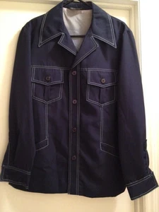 VINTAGE JC Penny's Men's 42 Navy Blue Polyester Large Notch Collar Jacket V16 - Picture 1 of 11