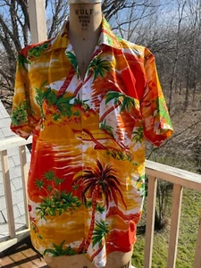 Hawaiian Shirt Waikiki Creations Orange Yellow Green Palm Trees Shirt Small - Picture 1 of 6