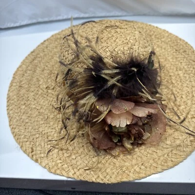 Women’s Sun Floppy Hat Wide Brim Floral Feather Raffia Straw Kentucky Derby - Image 1 of 4