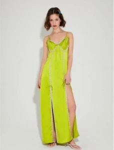 Maxi abito lungo BETSEY Jonson Forever 21 raso verde viola pizzo orlo XS cravatta nuovo - Foto 1 di 24
