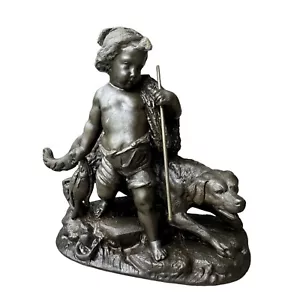 Scultura vintage stile francese bronzo fuso giovane ragazzo pesce lancia e cane 7" H RARA - Foto 1 di 11