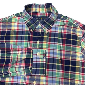 Ralph Lauren Mens Shirt Medium Classic Fit Oxford Plaid Flesh Pony L/S - Picture 1 of 7