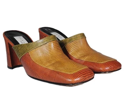 Pura Lopez Slip On Mules Heeled Sandal Lizard Skin Embossed Leather Women's US 8 - Image 1 of 4