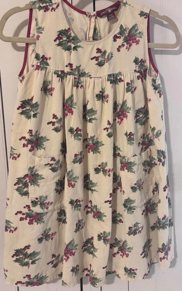 Vintage April Cornell Corduroy Holiday Dress Holly & Berries Girls 11/12 - Image 1 of 4
