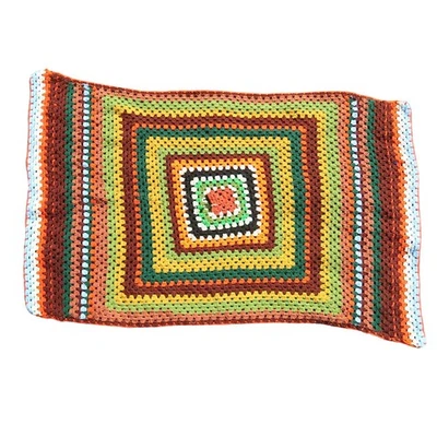 Vintage 70s yellow earth tone multicolor crochet knit blanket - Image 1 of 4