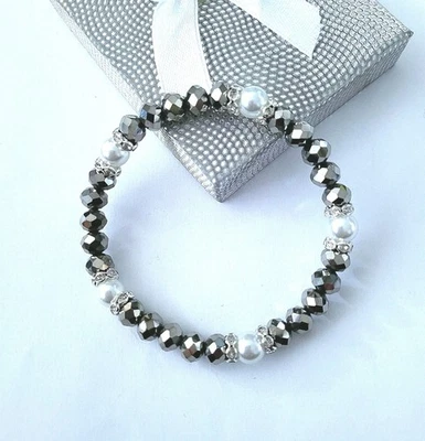 Sylvie's Handmade Perlen /Kristall 8mm Armband weiss graumetallic 20 cm / 1482 - Bild 1 von 2