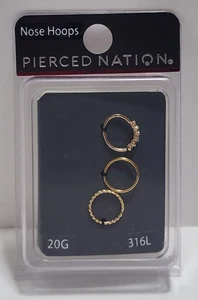 Spencers Pierced Nation Nose Ring Hoop 3 Pack 20G 316L Silver Colored New - Picture 1 of 3