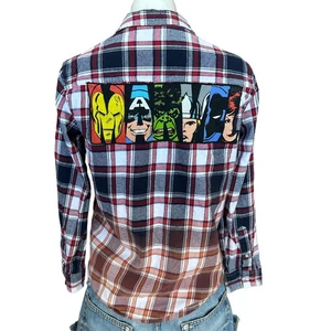 Avengers kariertes Flanellhemd SMALL Oversize Shacket Upcycle Unikat Marvel blau - Bild 1 von 5