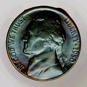 HARDER LUSTROUS BLUE TONED 1950-D JEFFERSON GEM BU 5c W/NICE STEPS - Picture 1 of 2