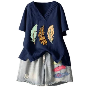 Women Top Soft Cotton/Linen Leaves Blouse Short Sleeves Clothing Summer Tee - Picture 1 of 1
