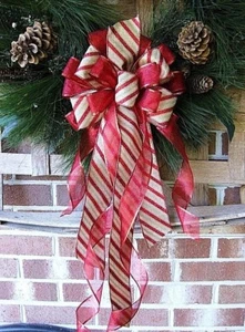 10 " X 24" CHRISTMAS CANDY CANE STRIPE WIRED RIBBON BOW WREATH SWAG TREE # 54 rb - Picture 1 of 3