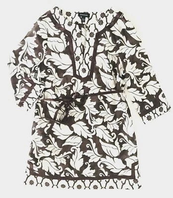 Bebe 花卉 V 领束腰外衣 S 码棕色丝绸棉质侧开叉套衫衬衫  — 第 1/4 张图片