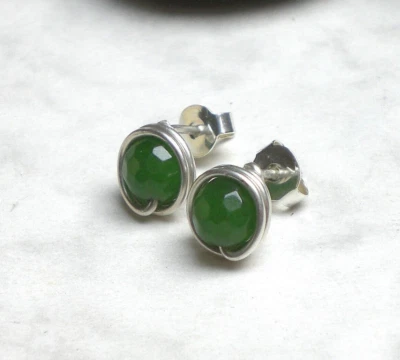 Grüne JADE Ohrstecker 925 Sterling Silber, Ohrringe facettiert, eingefasst t722 - Bild 1 von 4