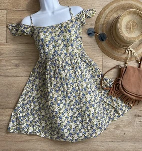 Pretty Boho Yellow Blue Floral Print Mini Sun Dress Cold Shoulder Frill Sleeve - Picture 1 of 8