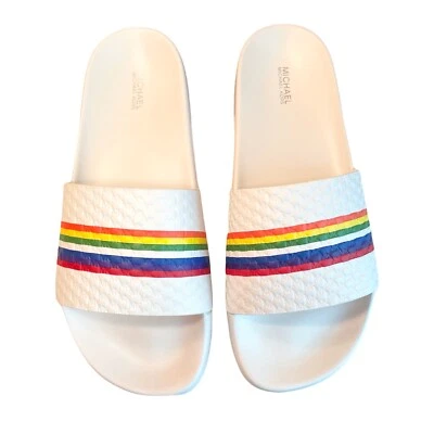 Michael Kors Womens Rainbow White Leather Slides Size 9 Sandals - Image 1 of 4