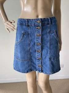 Highway Jeans Button Front A-Line Blue Stretch Cotton Denim Mini Skirt Pockets M - Picture 1 of 12