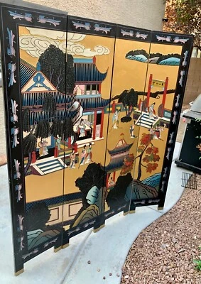 Vintage Chinese Black Lacquer Hand Painted Screen (Room Divider) - Image 1 of 4