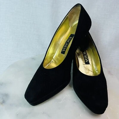 Vintage Escada Black Suede/Kid 4-1/2B Pumps 1/2" Platform Sole 2-1/2" Block Heel - Image 1 of 4