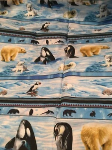 Polar Animals Striped Fabric Quilting Cotton 1/2 Yd Penguin Bear Giordano Blue - Picture 1 of 7