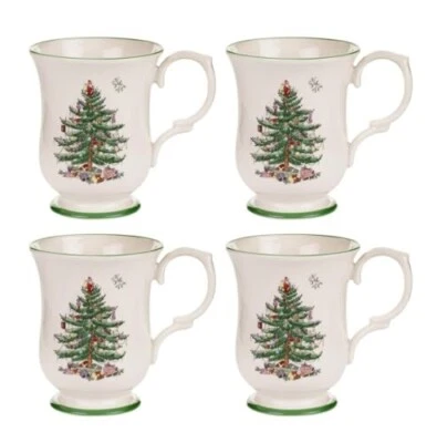 Spode Christmas Tree Romantic-Shape Footed Mug, 12 Ounce, Set of 4, Porcelain