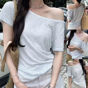 Women Summer Striped Off Shoulder Loose Fit T Shirt for Casual Vacation Style - Picture 1 of 26