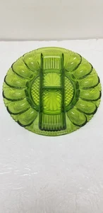 L E SMITH GREEN GLASS DEVIL EGG HORS D'OEUVRES OYSTER SERVER PLATE TRAY - Picture 1 of 4