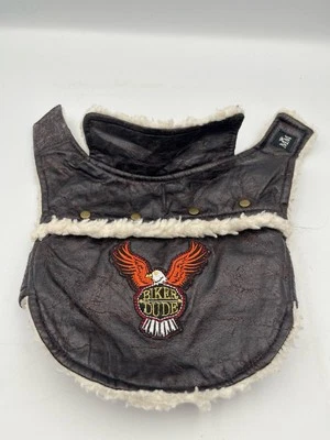 Dog Brown Vegan Leather Biker Patch Vest Jacket Sz M Fur Trim Hood Handsome Ve2 - Image 1 of 4