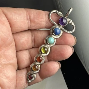 Multi-Gemstones Sterling Silver 925 Long Pendant Turquoise, Amethyst, Lapis... - Picture 1 of 13