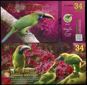 ATLANTIC FOREST 34 AVES DOLLARS EMERALD TOUCANET 2017 UNC - Picture 1 of 1