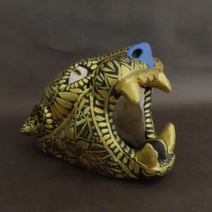 Alebrije Jaguar Head Wood Carving Signed Painted Gold Handmade Mexican Folk Art - Picture 1 of 13