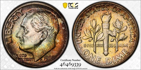 MS66 1958 10C Roosevelt Silver Dime, PCGS Secure- Rainbow Mint Set Toned Cover
