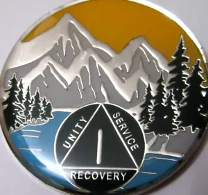 Mountain Blue Green Anonyme Alkoholiker 1 Jahr AA Silber Medaillon Münze Medaille - Bild 1 von 9